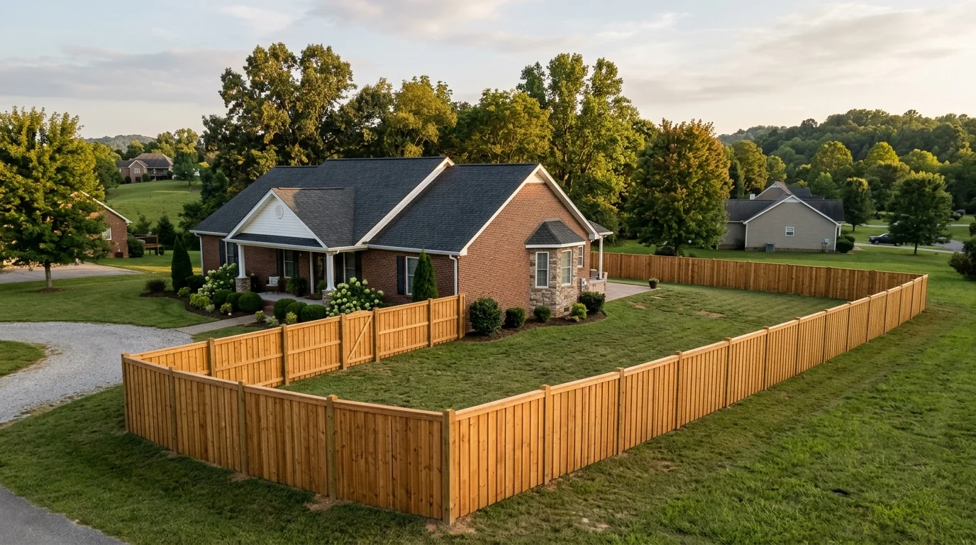 Privacy fence installed on a sloped residential lot in Alcoa, Tennessee with the Smoky Mountain foothills visible in the background
