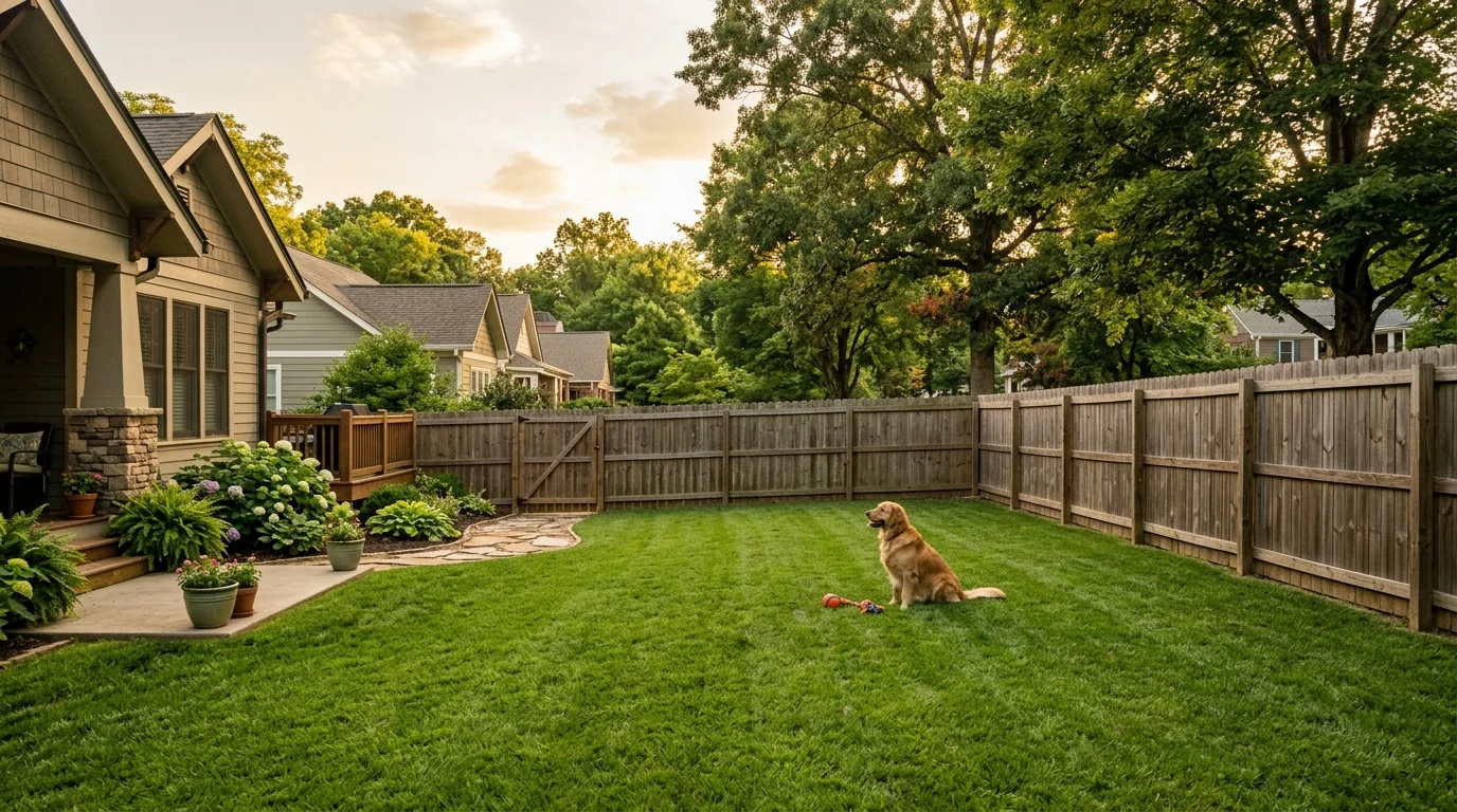 Large dog standing at a wood privacy fence in a Knoxville, TN backyard