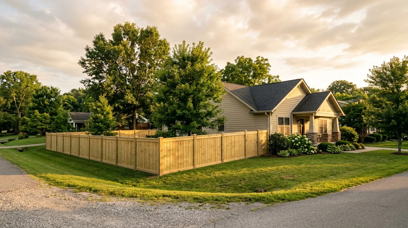 Vinyl privacy fence in a backyard in Knoxville TN on a humid summer day