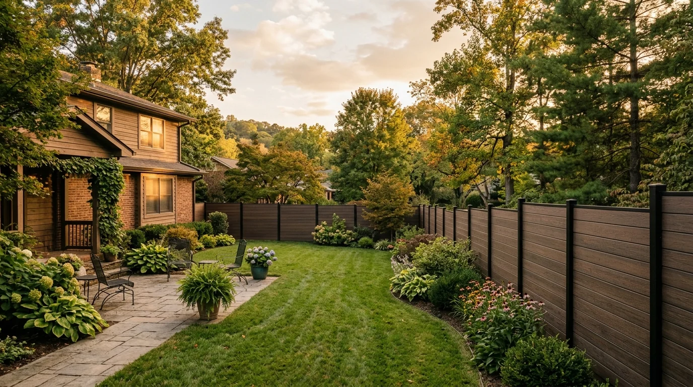 Composite fence panels installed on a sloped residential lot in Knoxville, Tennessee