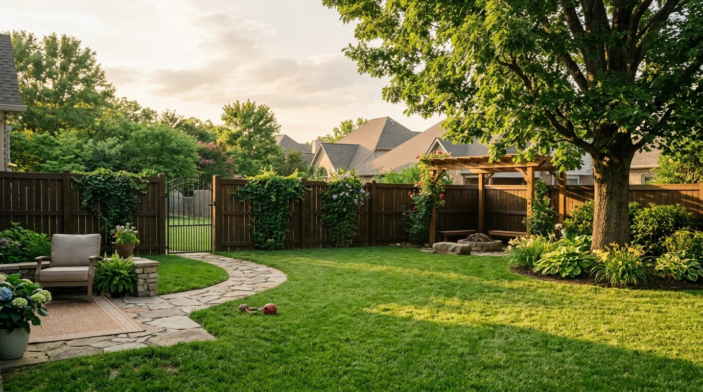 Pressure-treated wood privacy fence enclosing a residential backyard in Knoxville TN with a dog playing inside