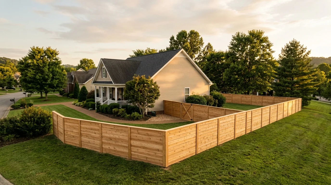 Wood privacy fence installed on a sloped residential lot in Eagleton Village, Tennessee