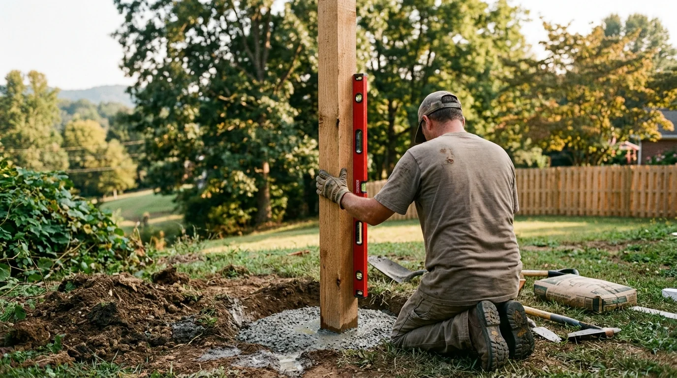 Installer setting a cedar fence post in concrete and checking it plumb on a Knox County property