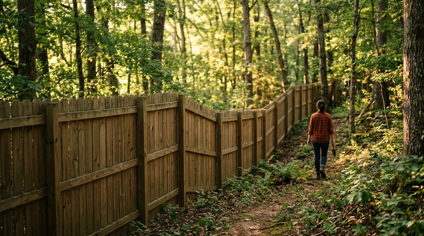 Pressure-treated wood privacy fence stepping down a sloped wooded lot near Knoxville, TN