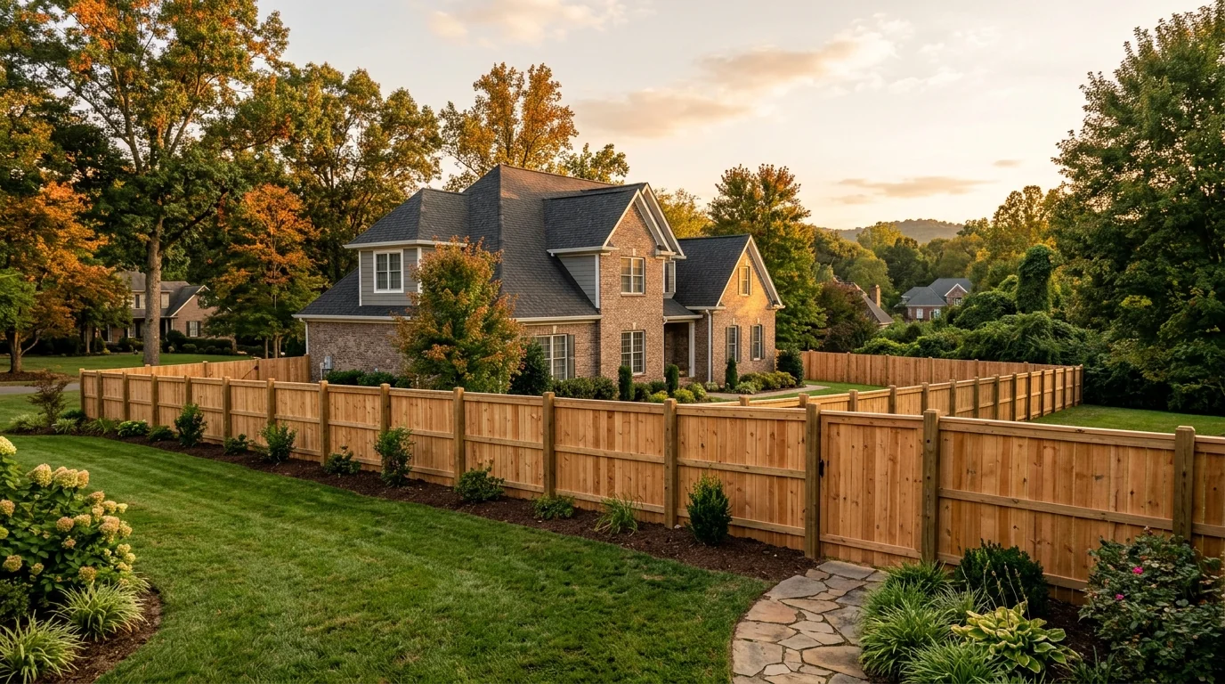 Fence installer setting a pressure-treated wood post in concrete in a Knoxville, TN backyard