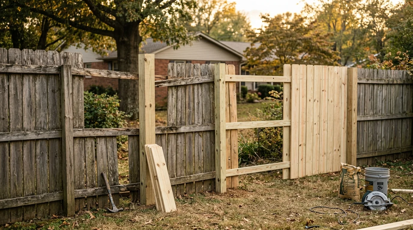 Rotted wood fence boards being replaced by a contractor in a Knoxville TN backyard