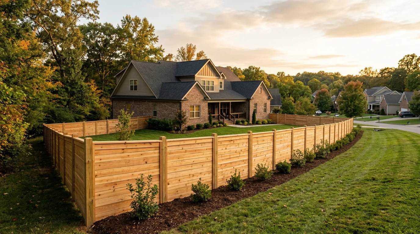 Homeowner reviewing fence permit documents in a Knoxville, TN backyard with a wood privacy fence in the background