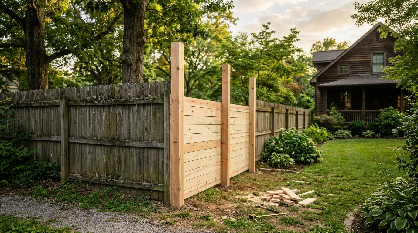 Leaning wooden fence post in a Knoxville backyard showing rot at the base and displaced concrete footing