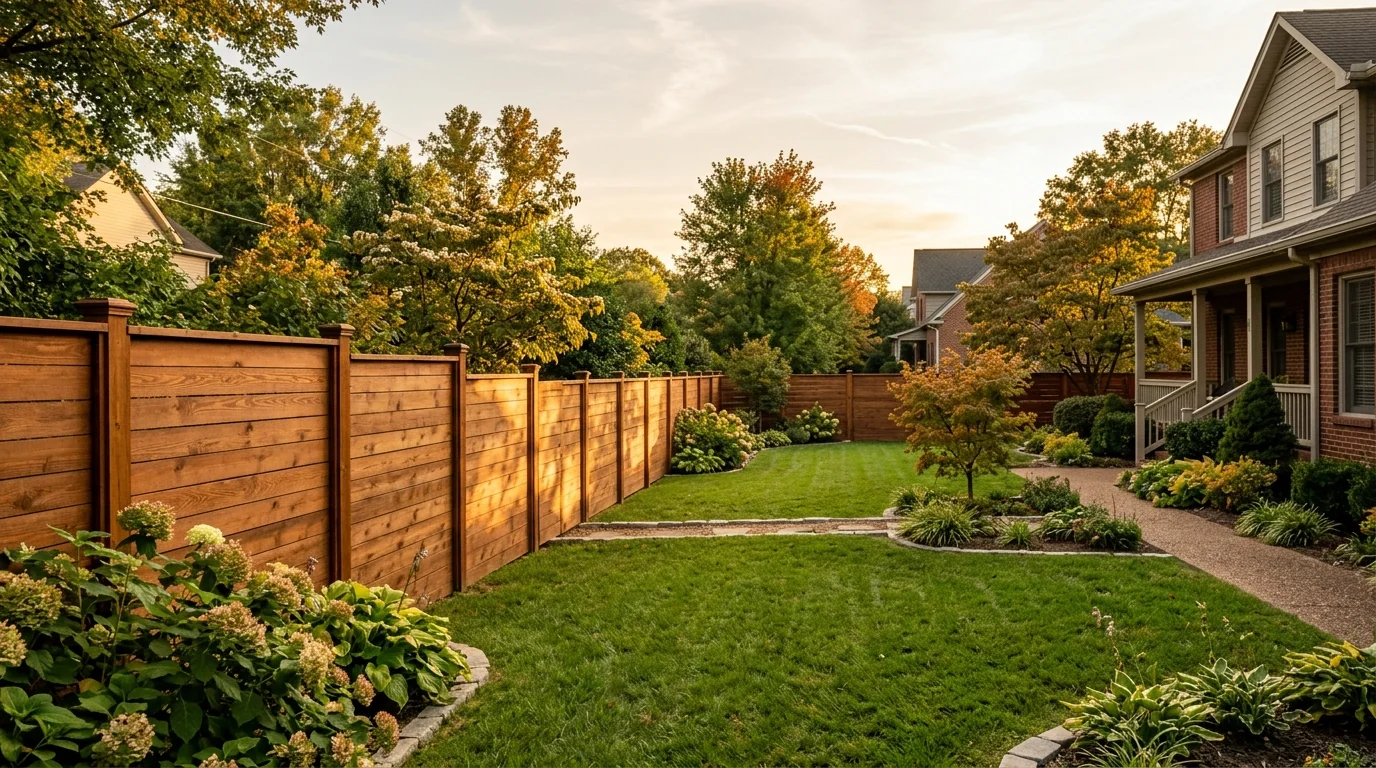 Contractor applying wood stain to a pressure-treated pine privacy fence in a Knoxville backyard