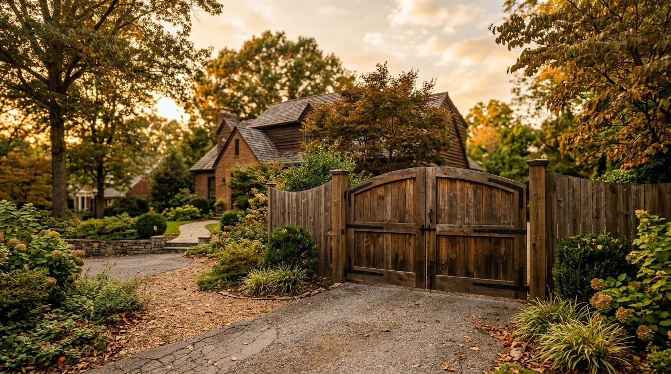 Newly installed wooden gate with metal hardware on a privacy fence in a Knoxville TN backyard