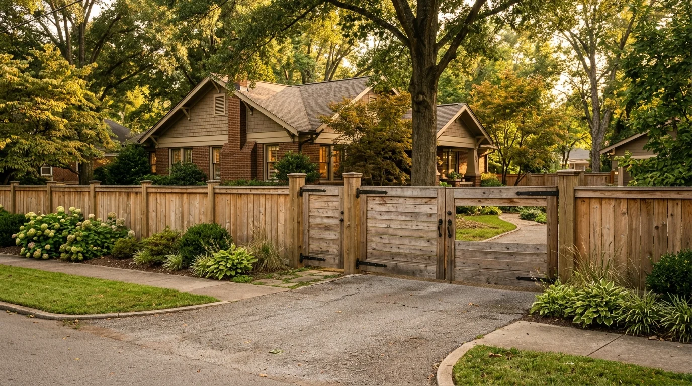A sagging wooden gate on a privacy fence in a Knoxville Tennessee backyard showing hinge failure and post lean