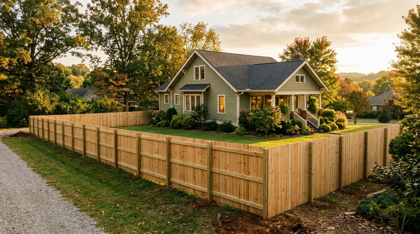 Wood privacy fence installed on a sloped residential lot in Halls, TN