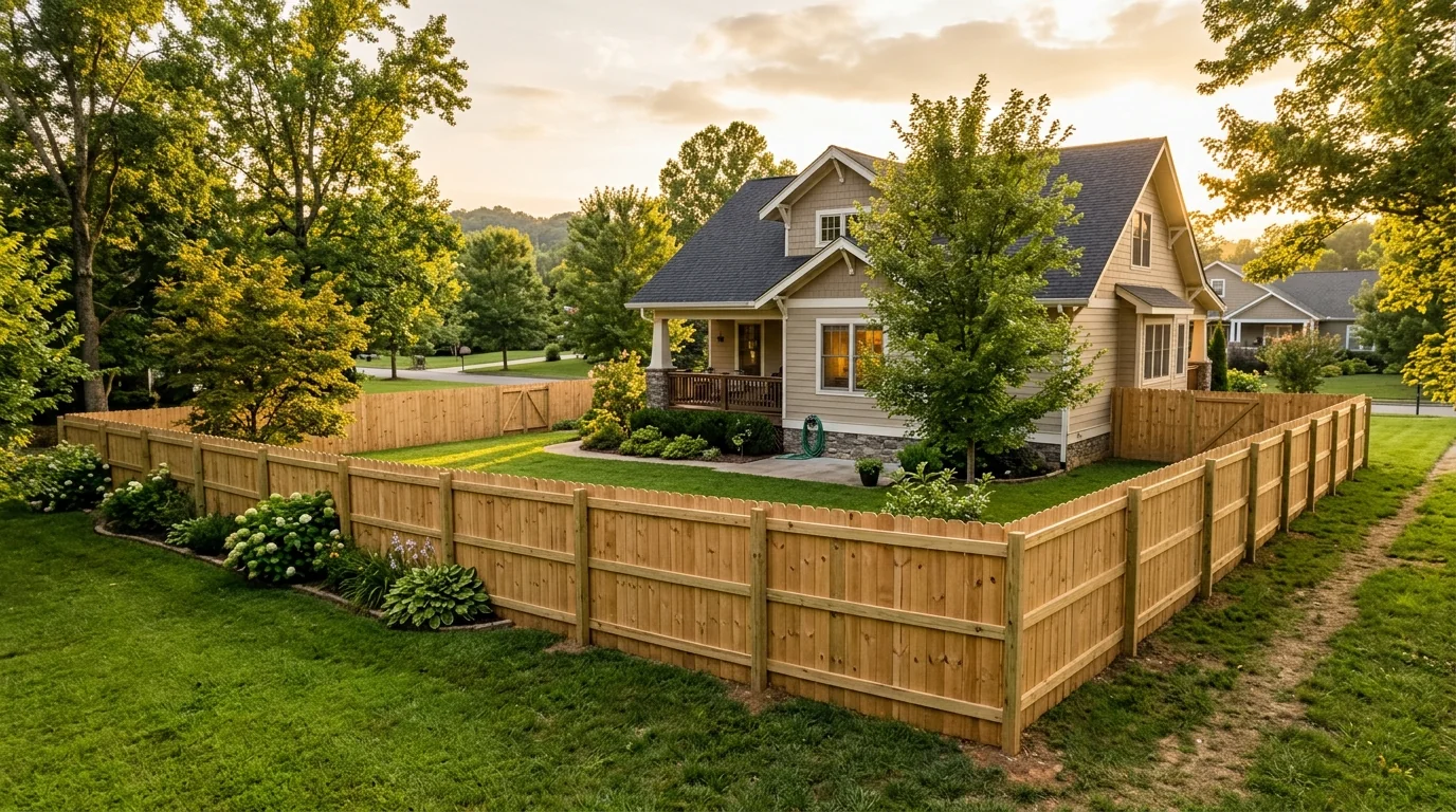 Suburban backyard wood privacy fence in a Knoxville TN HOA neighborhood