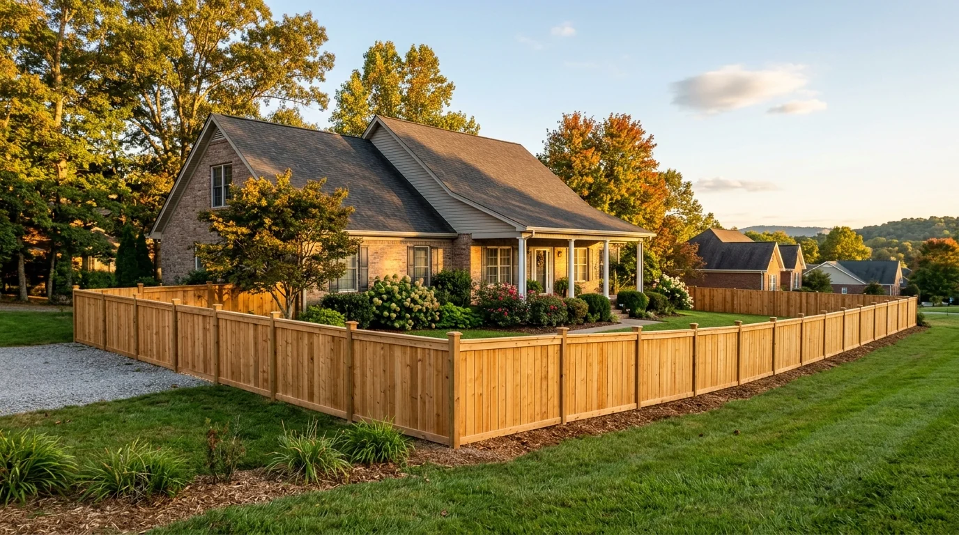 Side-by-side wood, vinyl, and aluminum fence panels in a Knoxville, TN residential backyard showing different ages and conditions