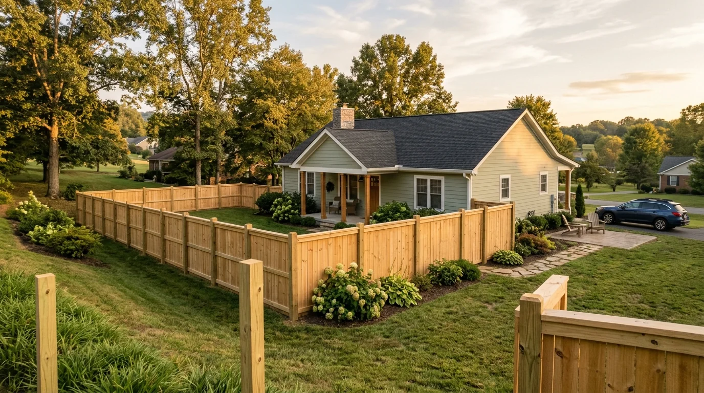 Wood privacy fence installed on a hillside lot in John Sevier Tennessee with rolling Knox County terrain in the background