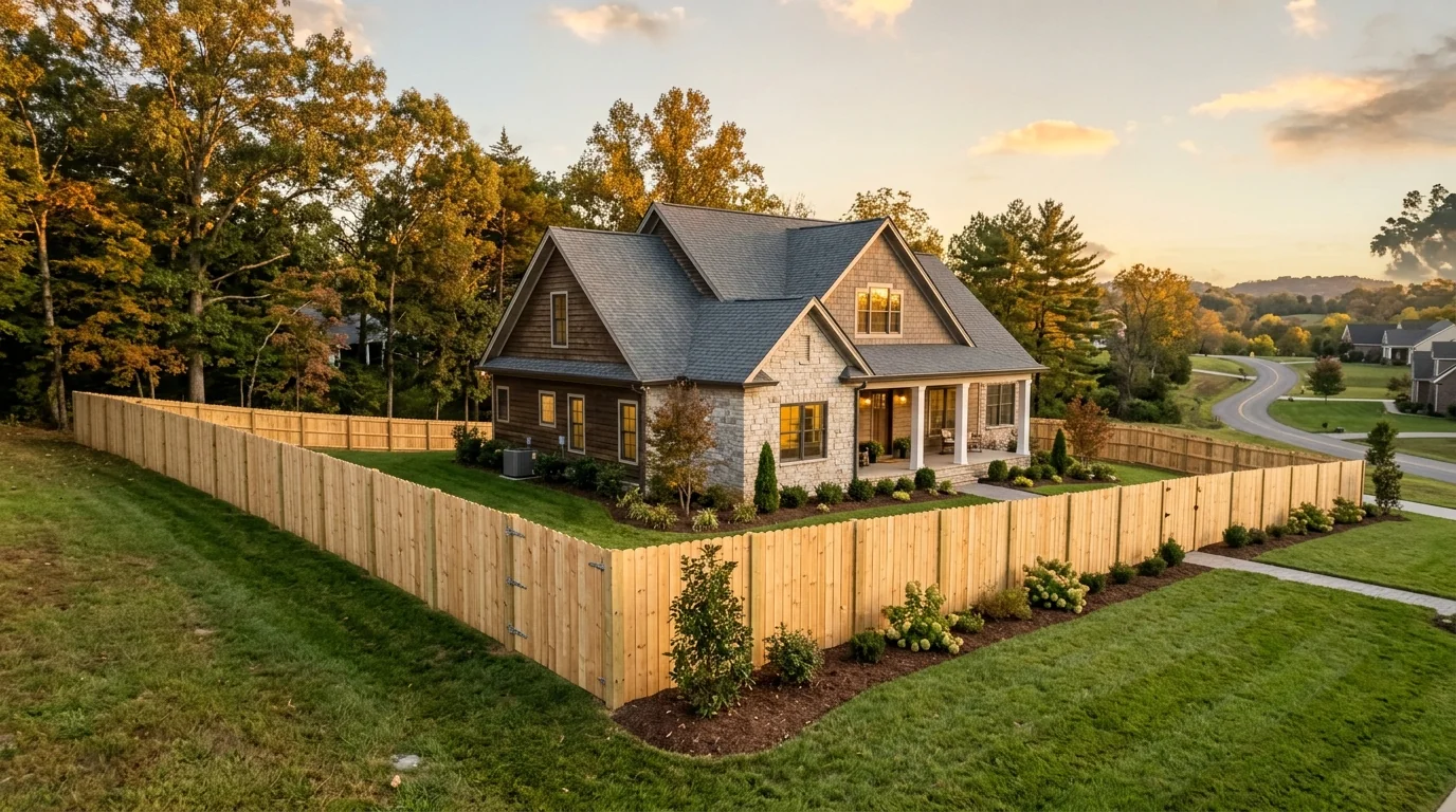 Wood privacy fence installed on a residential lot in Karns, TN with Knox County hills in the background