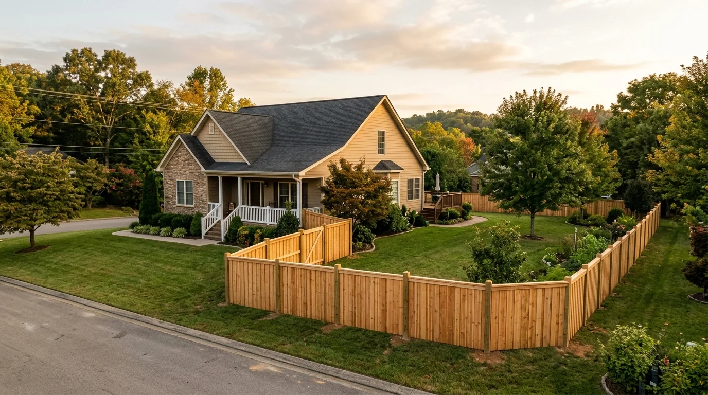 Newly installed wood privacy fence in a Knoxville Tennessee backyard with Appalachian foothills in the background