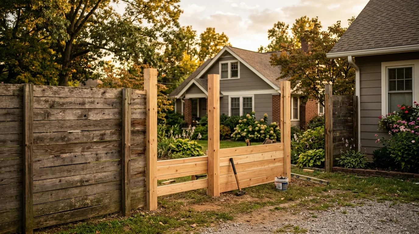 A wood privacy fence leaning at an angle in a Knoxville backyard after heavy rain and soil movement