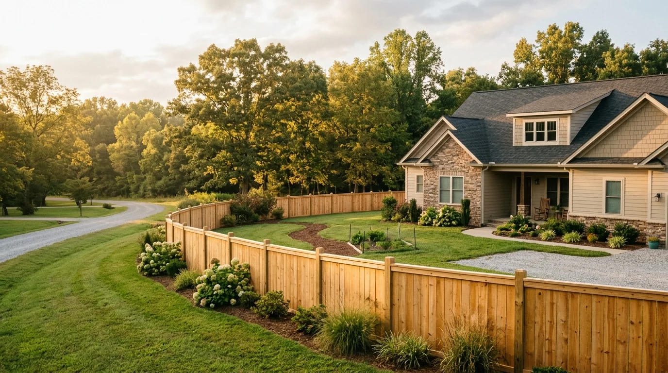 Wooden privacy fence installed on a sloped Knox County lot in Mascot, Tennessee