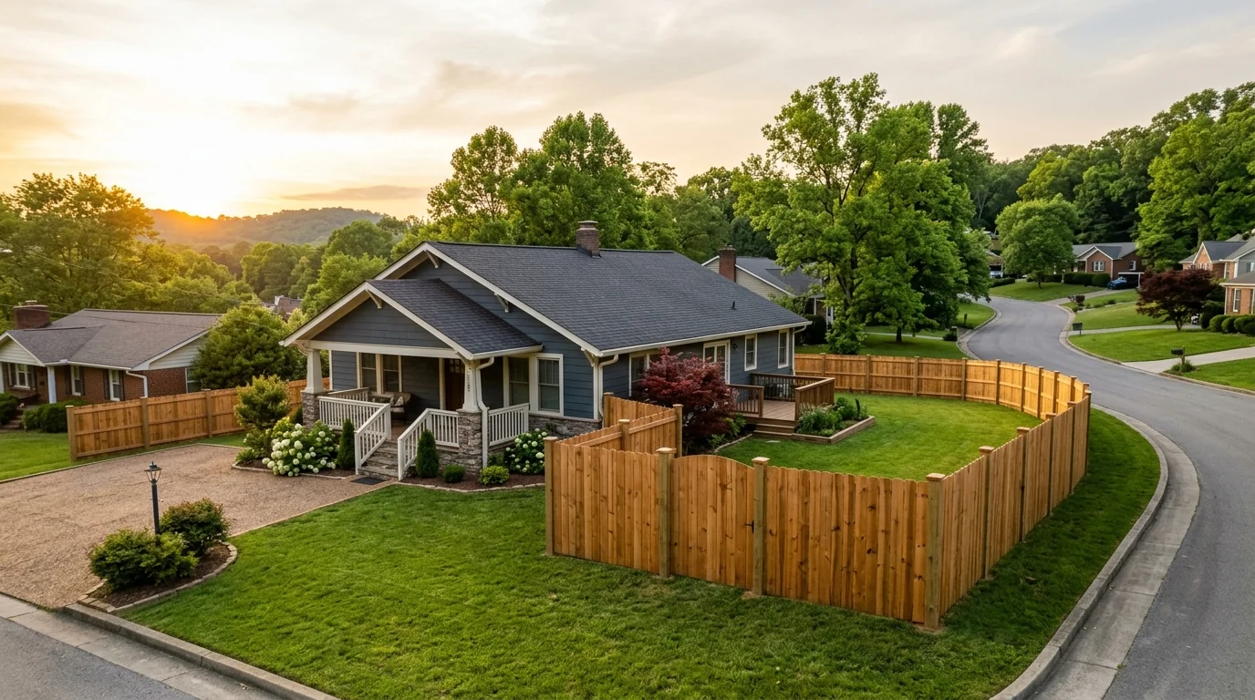 Homeowner reviewing property survey documents next to a new wood privacy fence in a Knoxville TN backyard