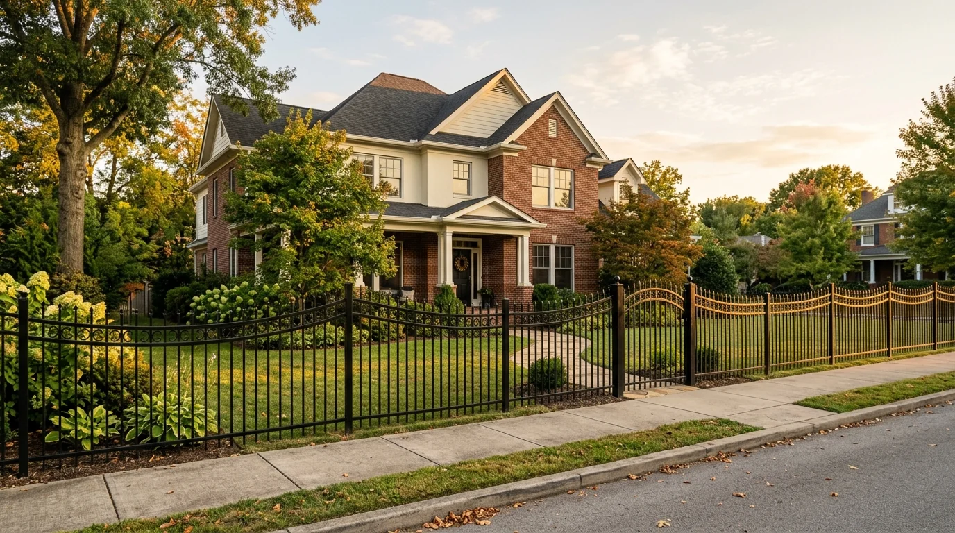 Powder-coated black ornamental iron fence with spear-top pickets installed along a residential property in Knoxville, Tennessee
