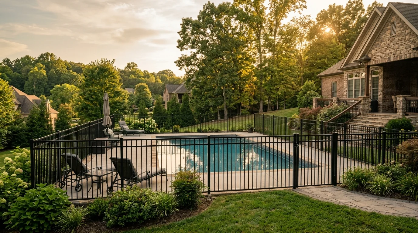 Aluminum ornamental pool fence surrounding a backyard swimming pool in Knoxville Tennessee