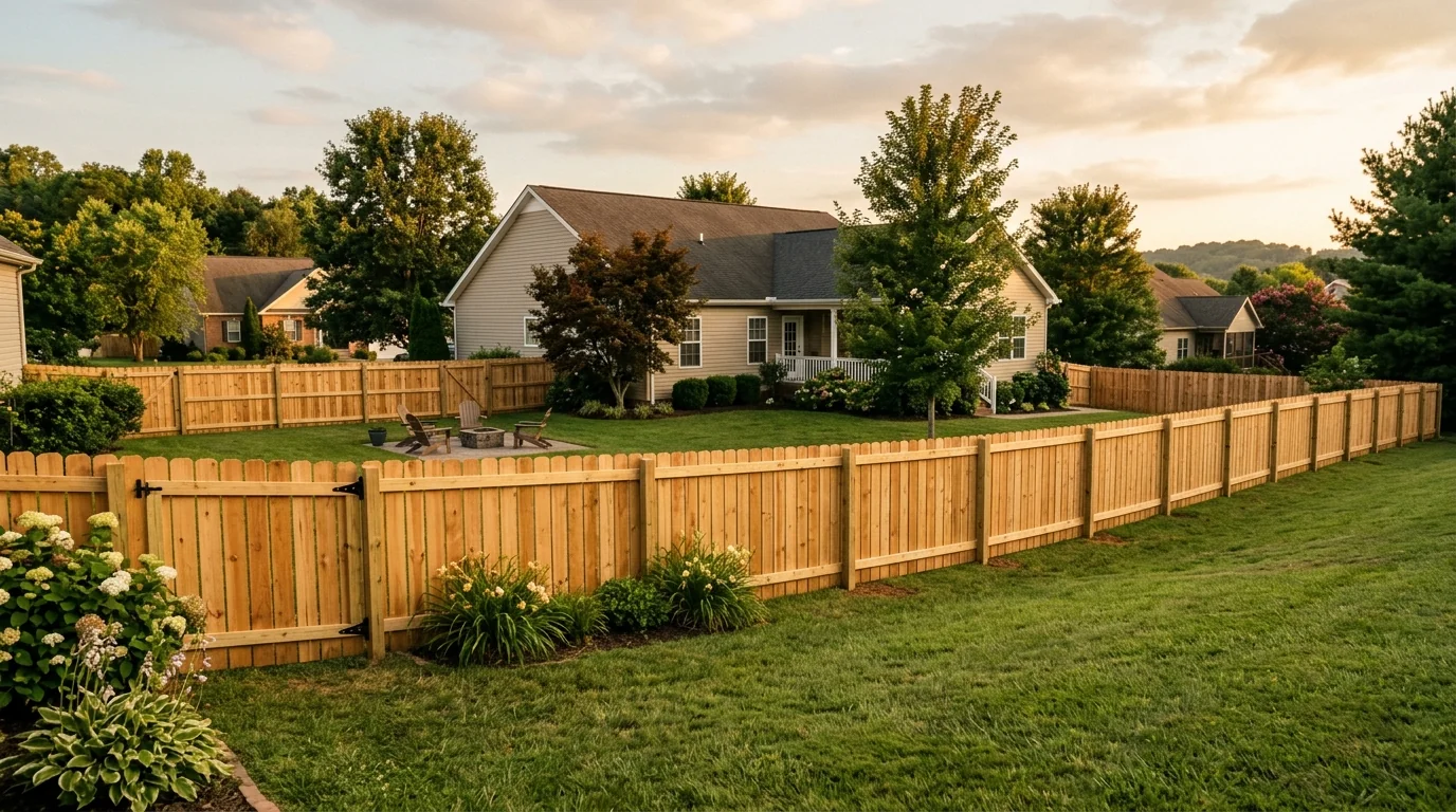 Wood privacy fence installed on a sloped residential lot in Powell TN with mature trees in the background