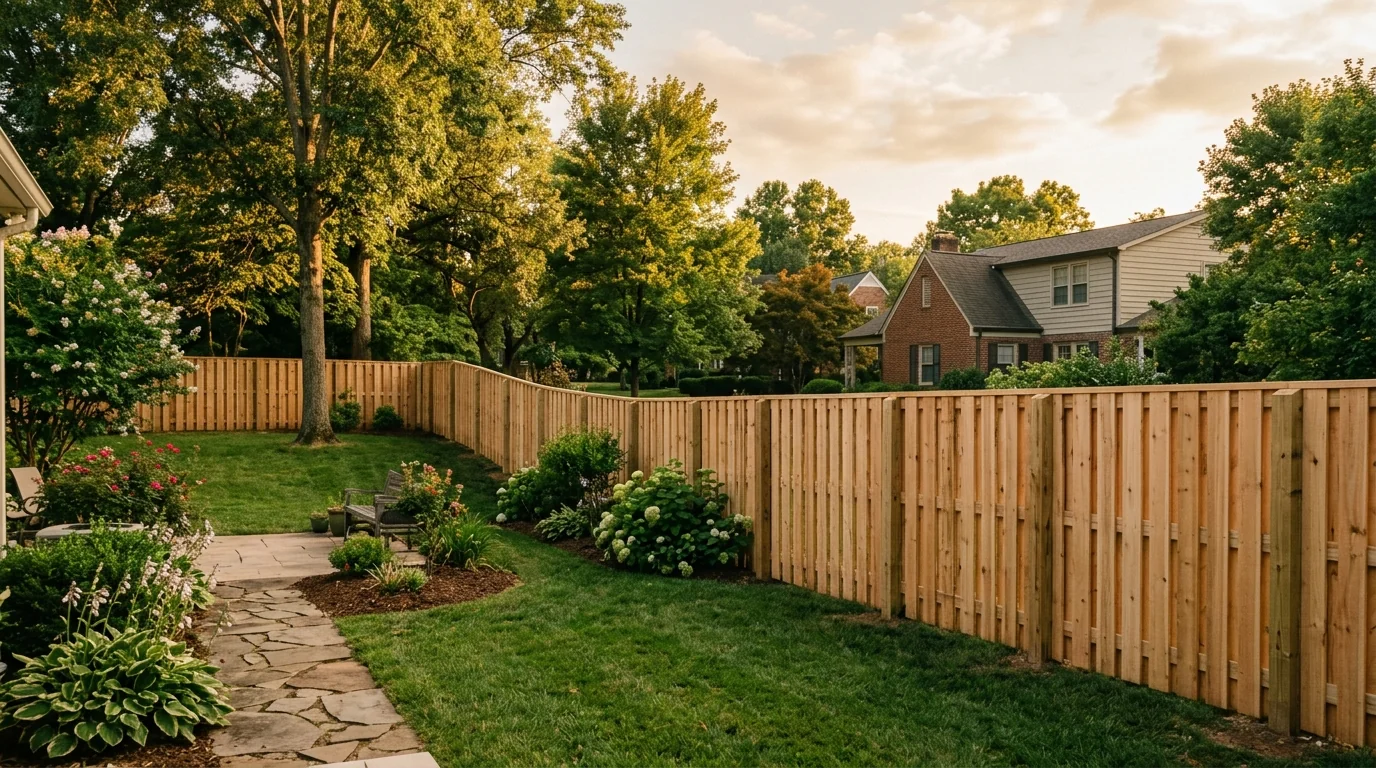 Freshly installed wood privacy fence in a Knoxville Tennessee backyard with mature oak trees behind it