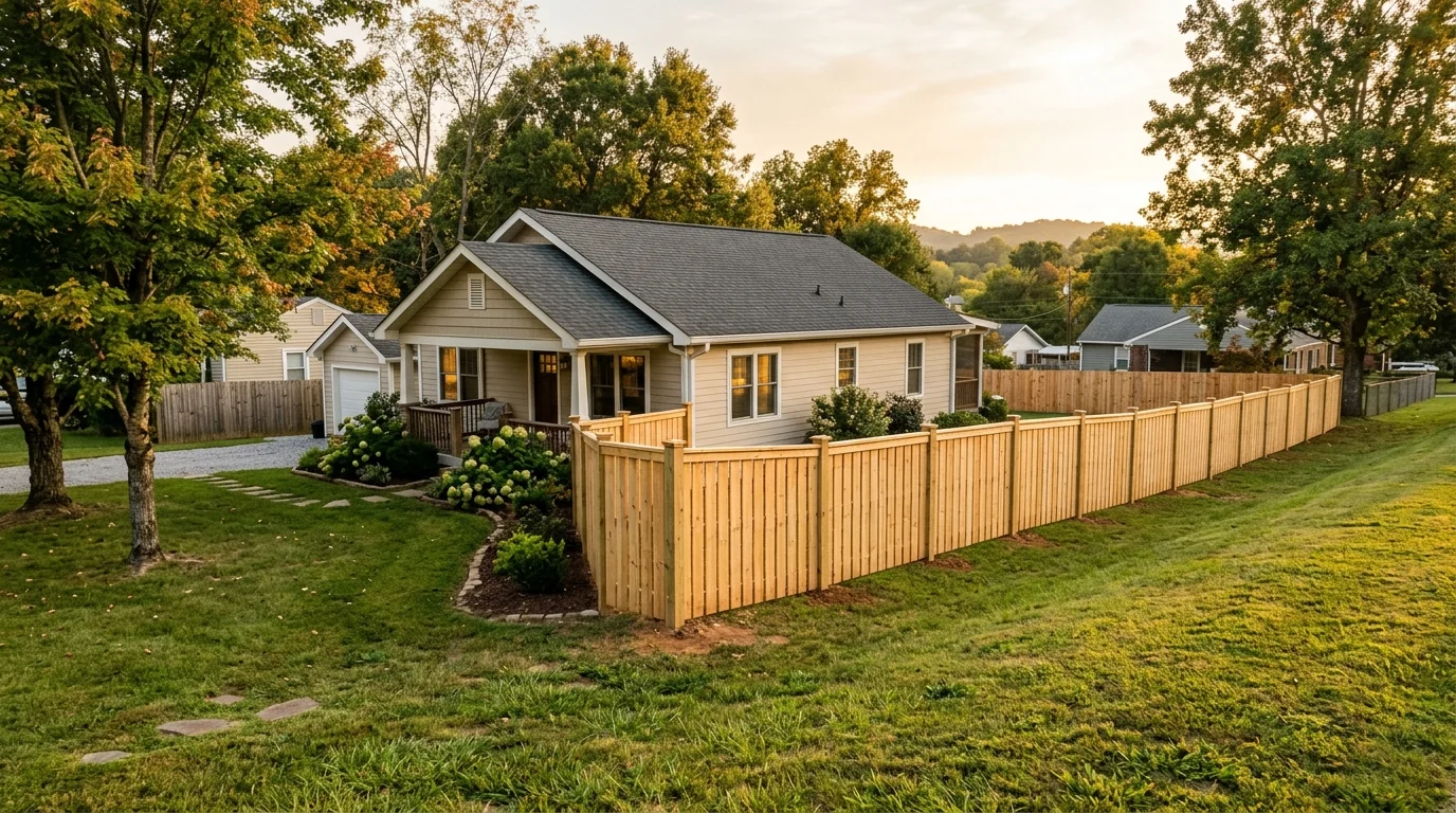 Wood privacy fence installed on a sloped residential lot in Rockford, Tennessee with Blount County hillside in the background
