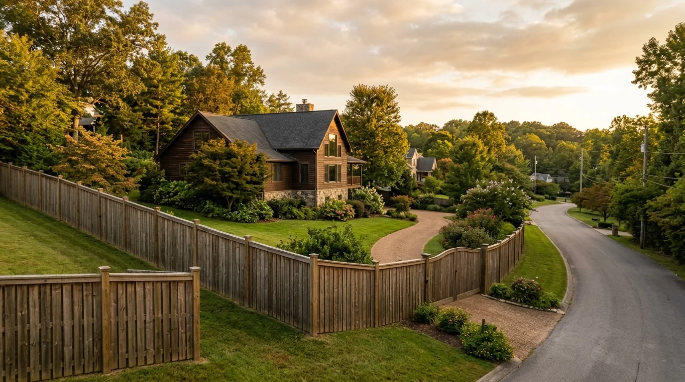 Heavy-gauge security fence installed around a residential property in Knoxville Tennessee with powder-coated steel panels and a self-latching gate