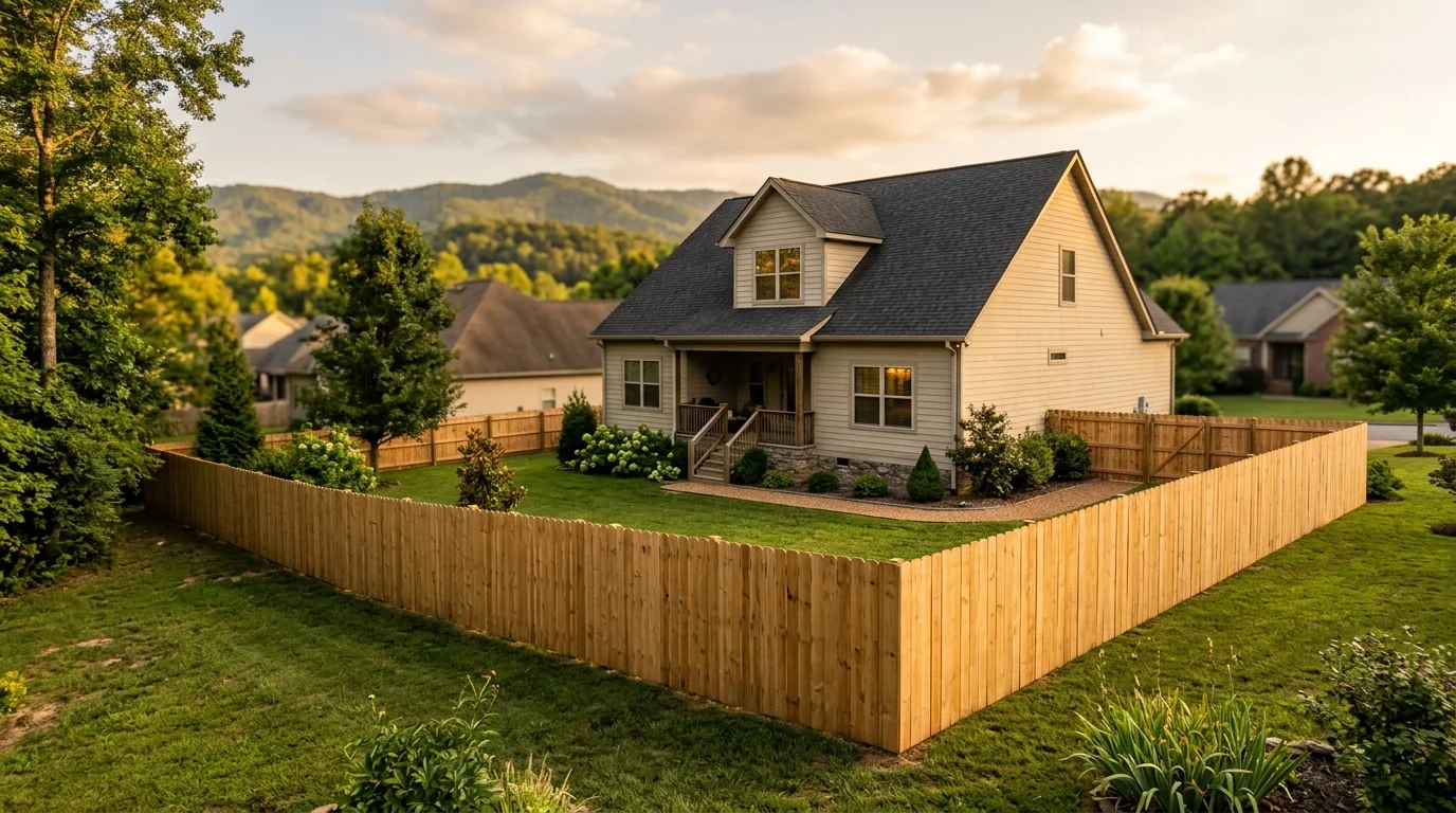 Wood privacy fence installed on a sloped residential lot in Seymour, Tennessee