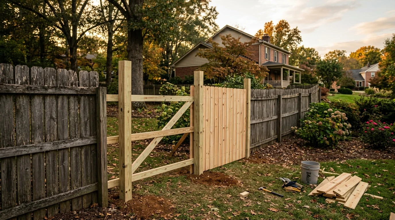 Storm-damaged wood privacy fence with snapped post and blown-out panels in a Knoxville TN backyard after a wind event