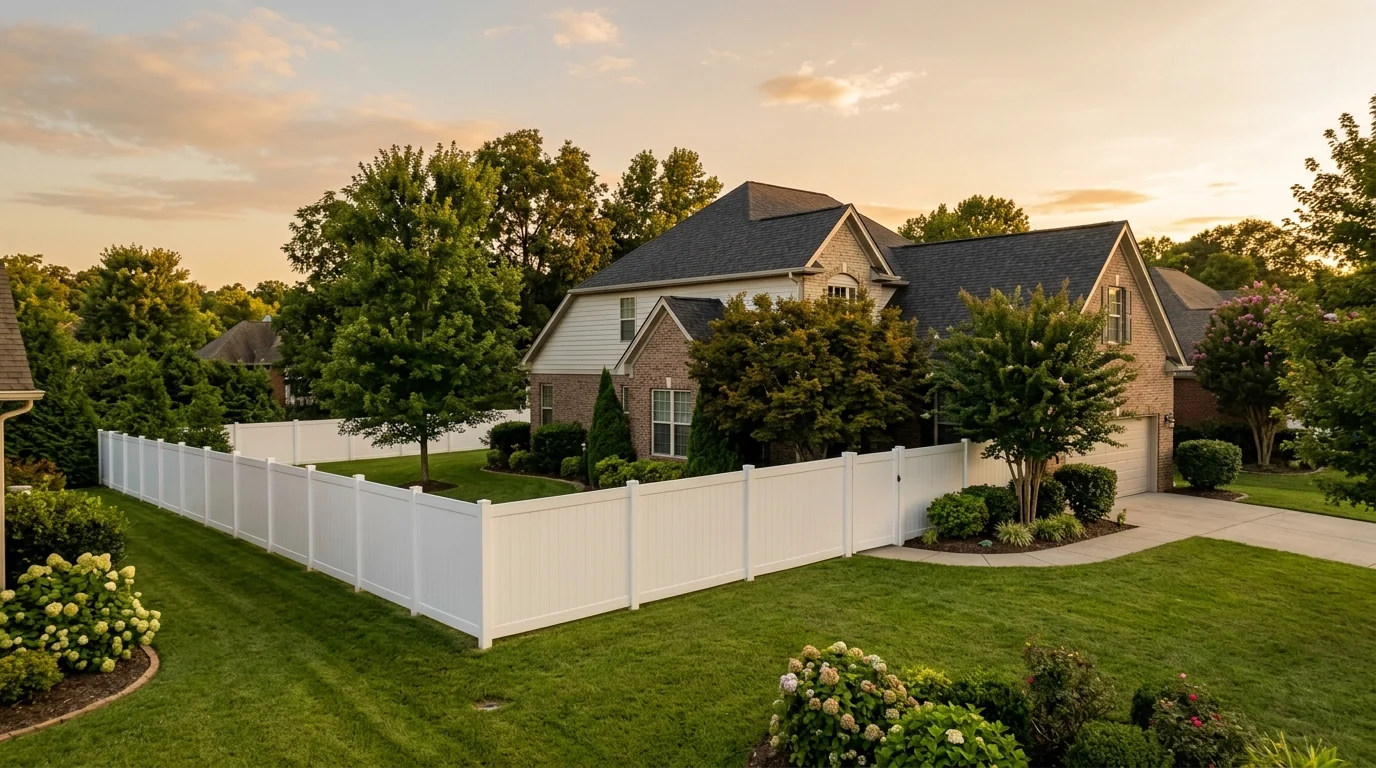 White vinyl privacy fence installed in a Knoxville Tennessee suburban backyard