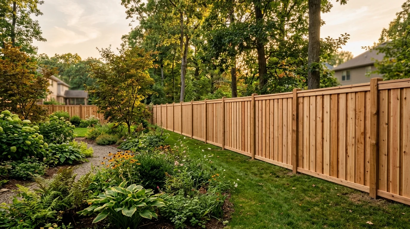 Wood privacy fence installed on a sloped residential lot in Wildwood, TN with forested ridgeline in the background