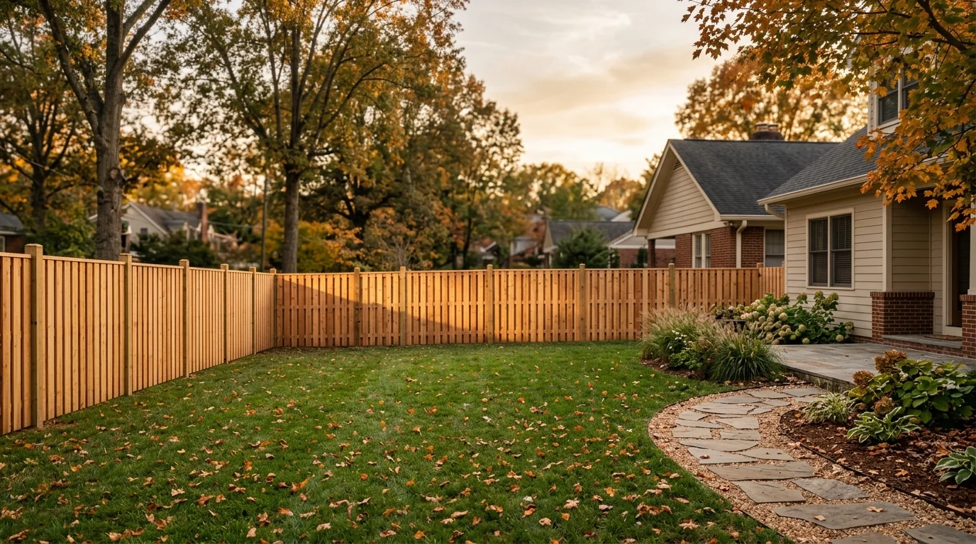 Pressure-treated wood privacy fence installed in a Knoxville Tennessee backyard with mature hardwood trees in the background