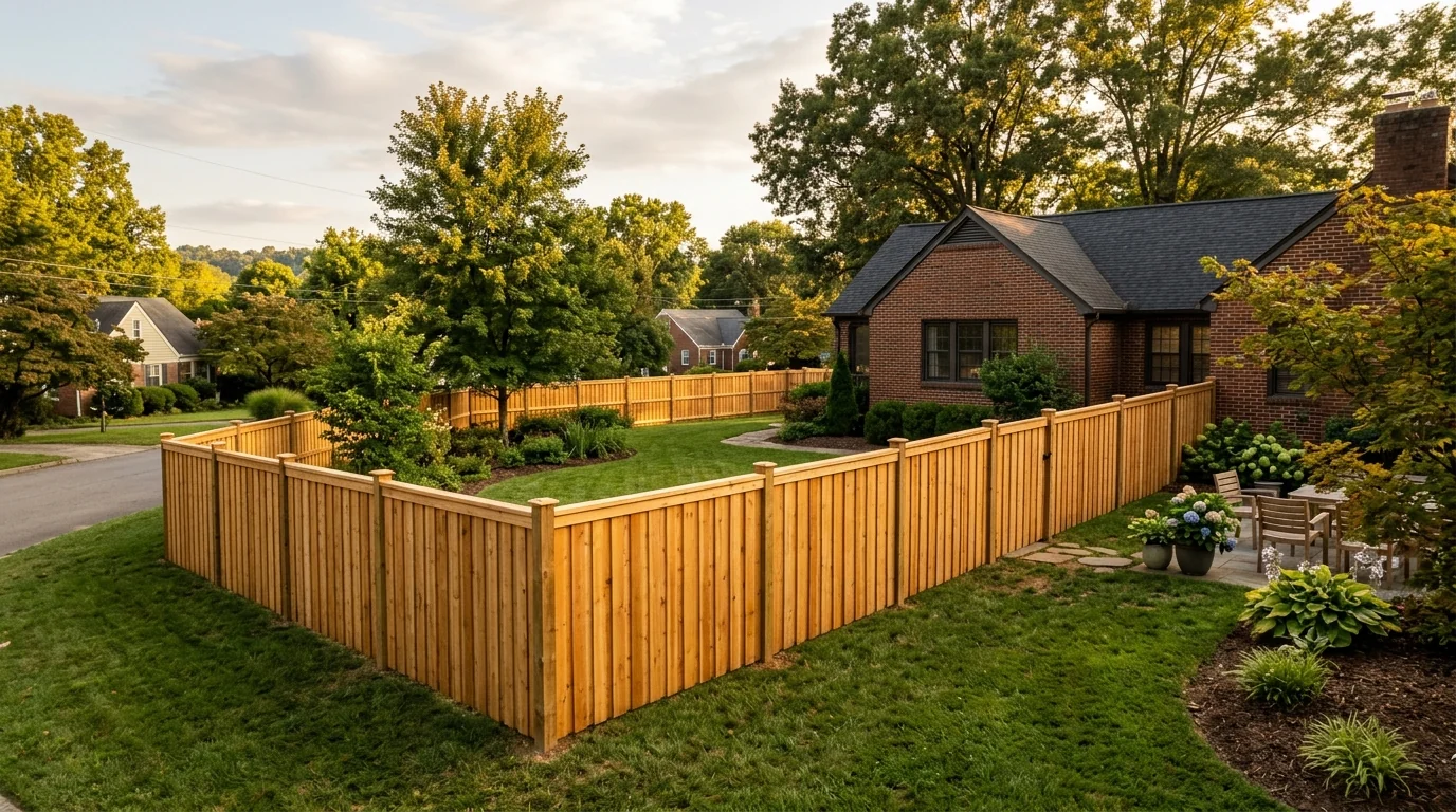 Side-by-side wood, vinyl, and aluminum fence panels in a Knoxville, TN backyard